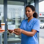 A community support worker holding a medical folder near a clinic entrance, symbolizing health coverage guidance through social assistance.