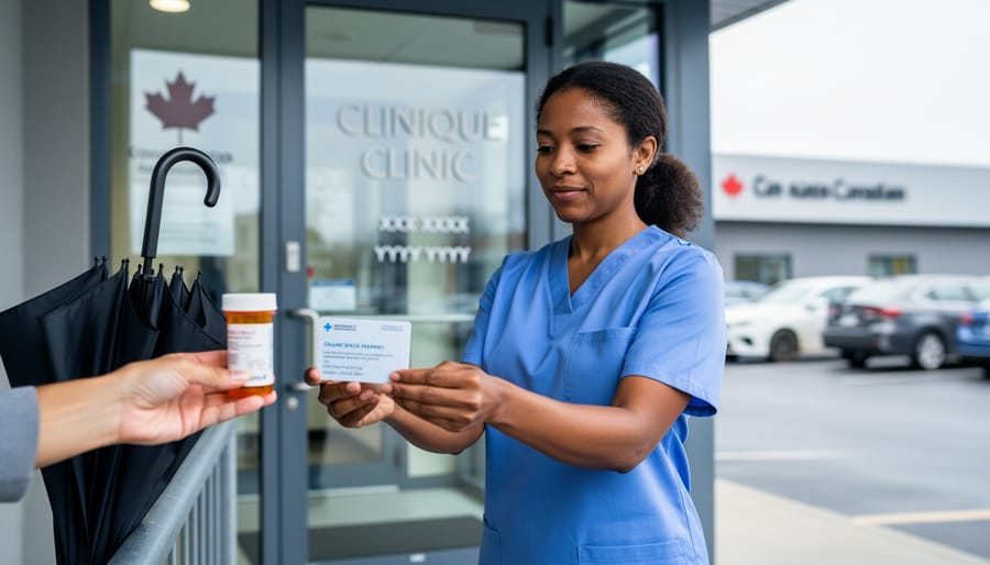 A community support worker holding a medical folder near a clinic entrance, symbolizing health coverage guidance through social assistance.