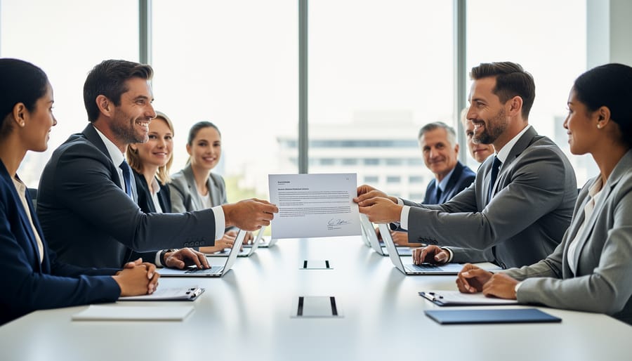 Two people exchanging a signed agreement folder across a table during a professional meeting.