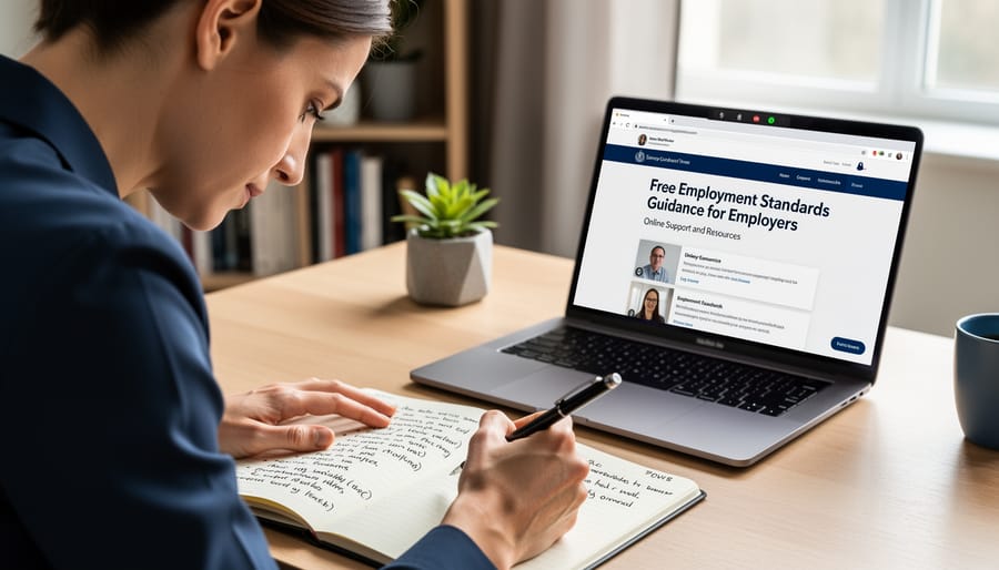 Person preparing for a virtual employment law session with headphones and a laptop while writing notes.