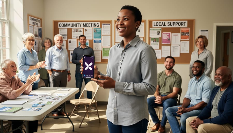 Community legal advocate using a phone during a meeting in a community center