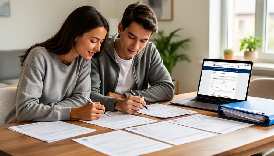 A couple reviewing immigration paperwork at a kitchen table while waiting for a spousal open work permit decision
