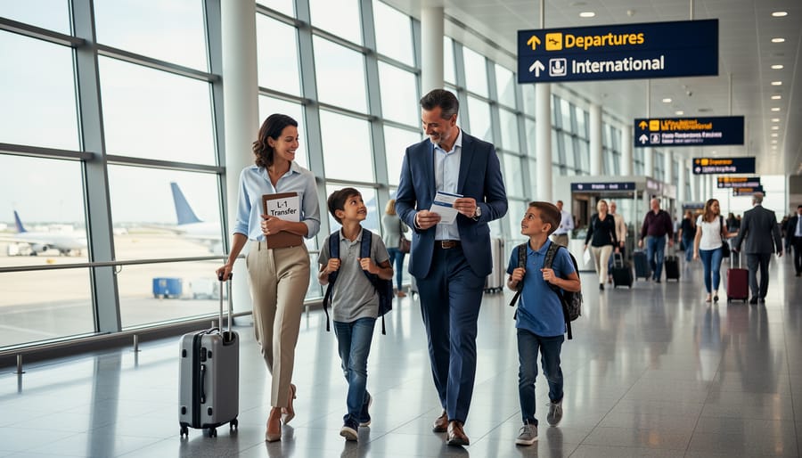A family walking toward an airport terminal entrance during golden hour