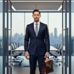 An executive in a suit holding a briefcase stands in a modern glass office with a blurred skyline reflection suggesting a U.S. work transfer.