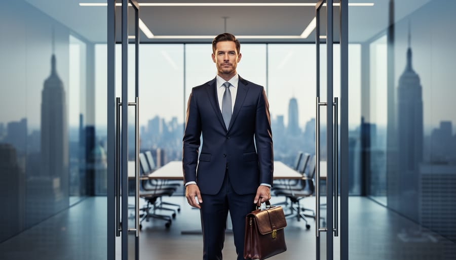 An executive in a suit holding a briefcase stands in a modern glass office with a blurred skyline reflection suggesting a U.S. work transfer.