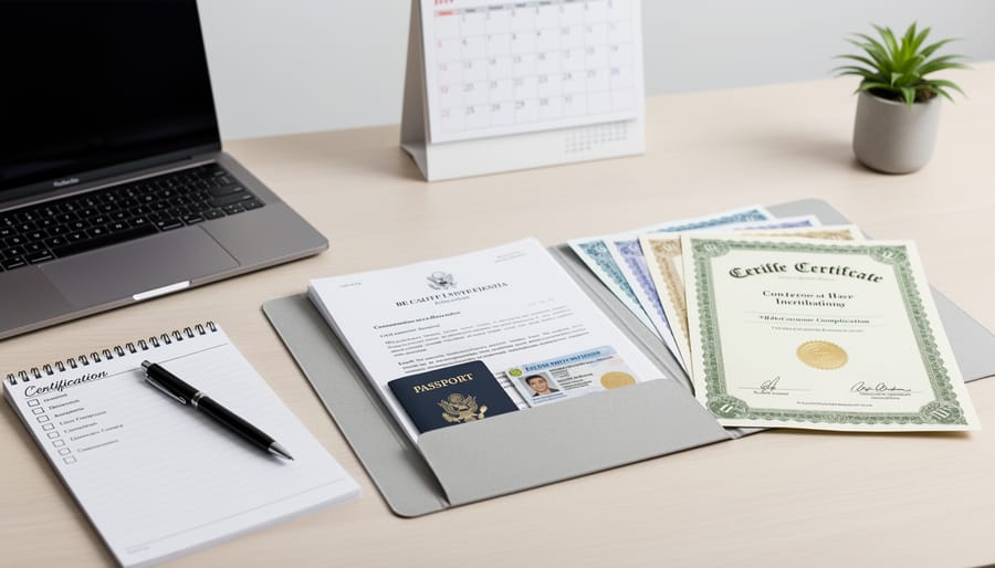 Close-up of hands organizing credential documents into a folder on a desk