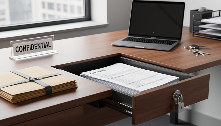 Sealed envelope, notebook, and phone kept face-down on a desk to suggest confidentiality