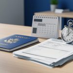Passport and immigration documents on a desk next to a stopwatch and a calendar page, suggesting waiting for a permit decision.