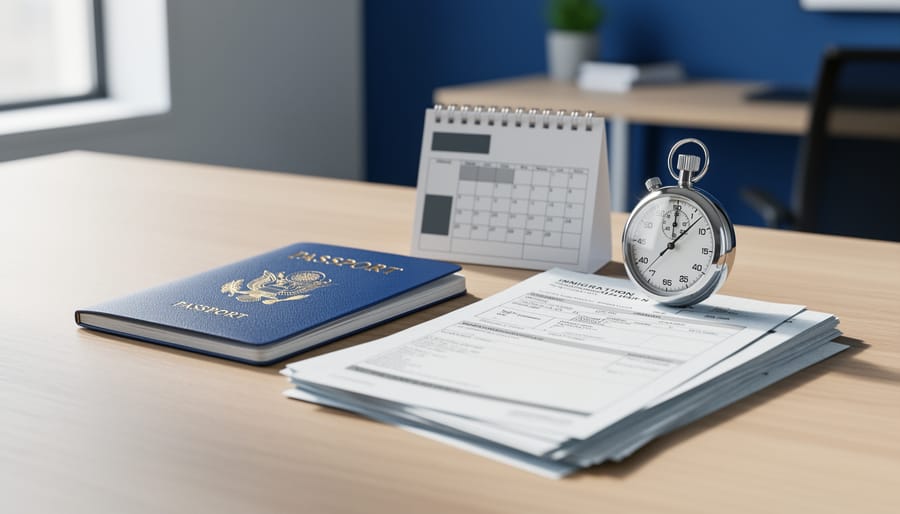 Passport and immigration documents on a desk next to a stopwatch and a calendar page, suggesting waiting for a permit decision.
