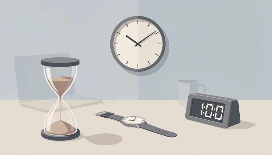 Stopwatch and calendar pages on a wooden desk symbolizing waiting for a permit decision