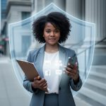 Legal advocate in West Toronto holding a folder and smartphone, with a protective shield-like glow representing safe, guideline-compliant community advocacy.
