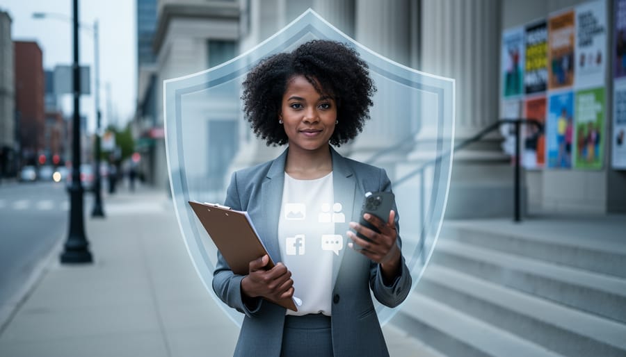 Legal advocate in West Toronto holding a folder and smartphone, with a protective shield-like glow representing safe, guideline-compliant community advocacy.