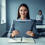 “Person holding an application document folder at an office desk with an open notebook and pen under soft natural light”