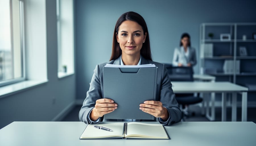 “Person holding an application document folder at an office desk with an open notebook and pen under soft natural light”