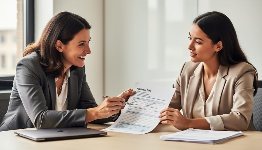Applicant and caseworker seated at a table during a confidential assistance meeting, with blank papers and a pen.
