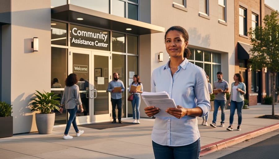Person holding a folder of documents while standing at a community building entrance.